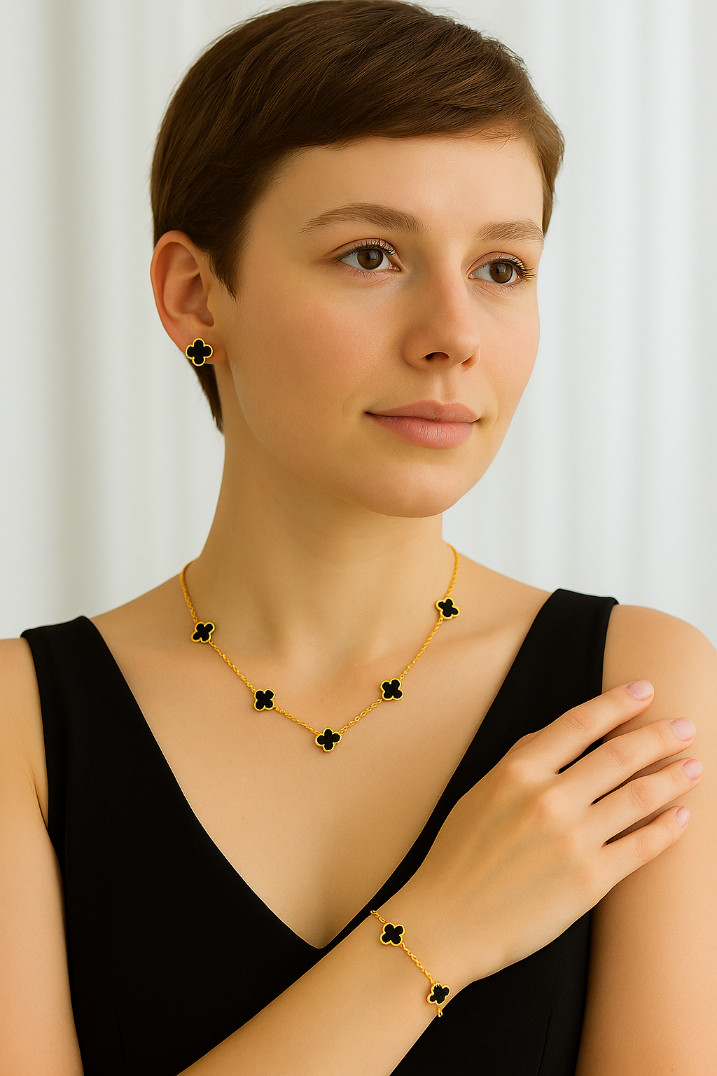 18K Gold Plated Black Clover Jewelry Set – Necklace, Bracelet &Earrings