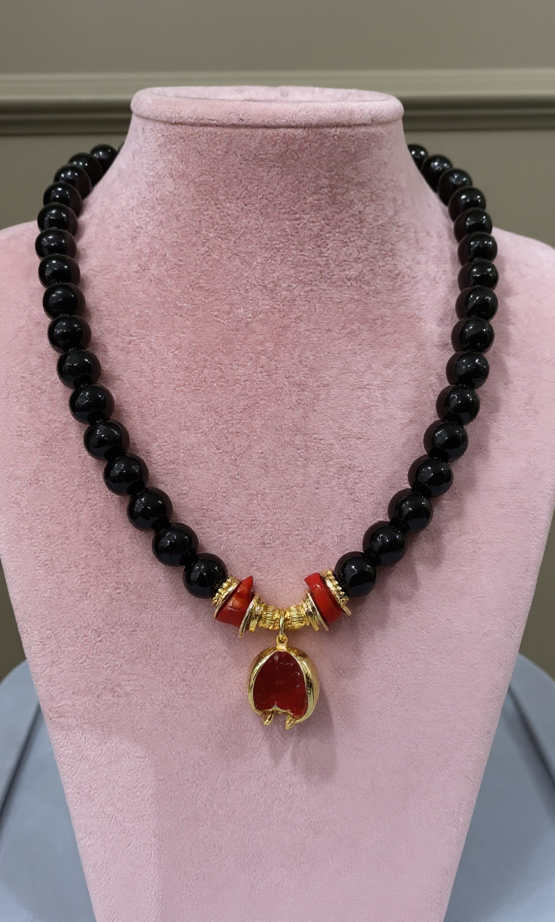 Handcrafted Black Onyx & Coral Necklace with Gold Pomegranate Pendant