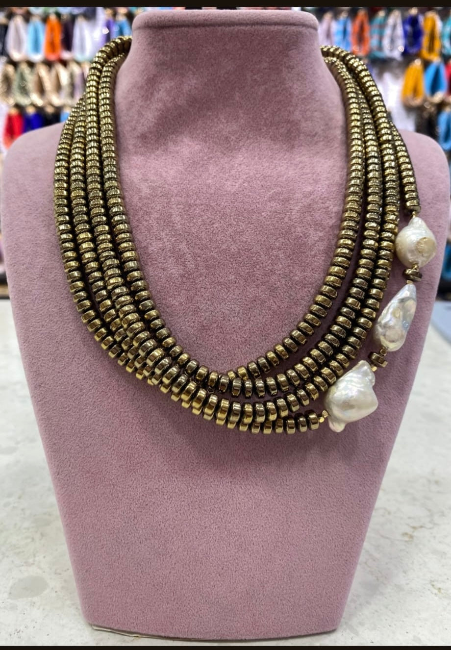 Handmade Multi-Strand Brass Bead Necklace with Natural Baroque Pearl Accents – Boho Statement Jewelry