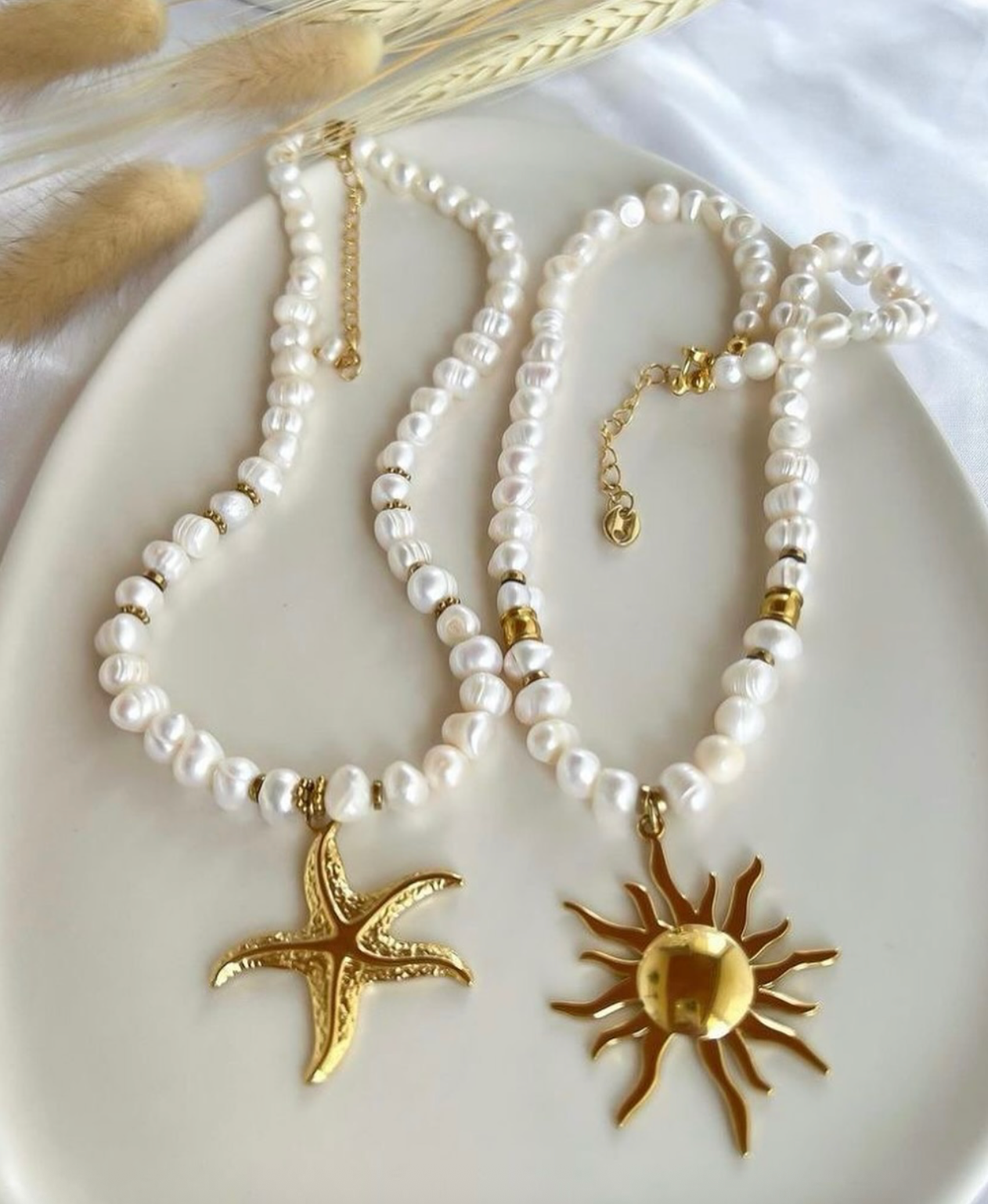 Boho Pearl Charm Necklaces – Sun Starfish Pendant Set in Gold-Plated Finish