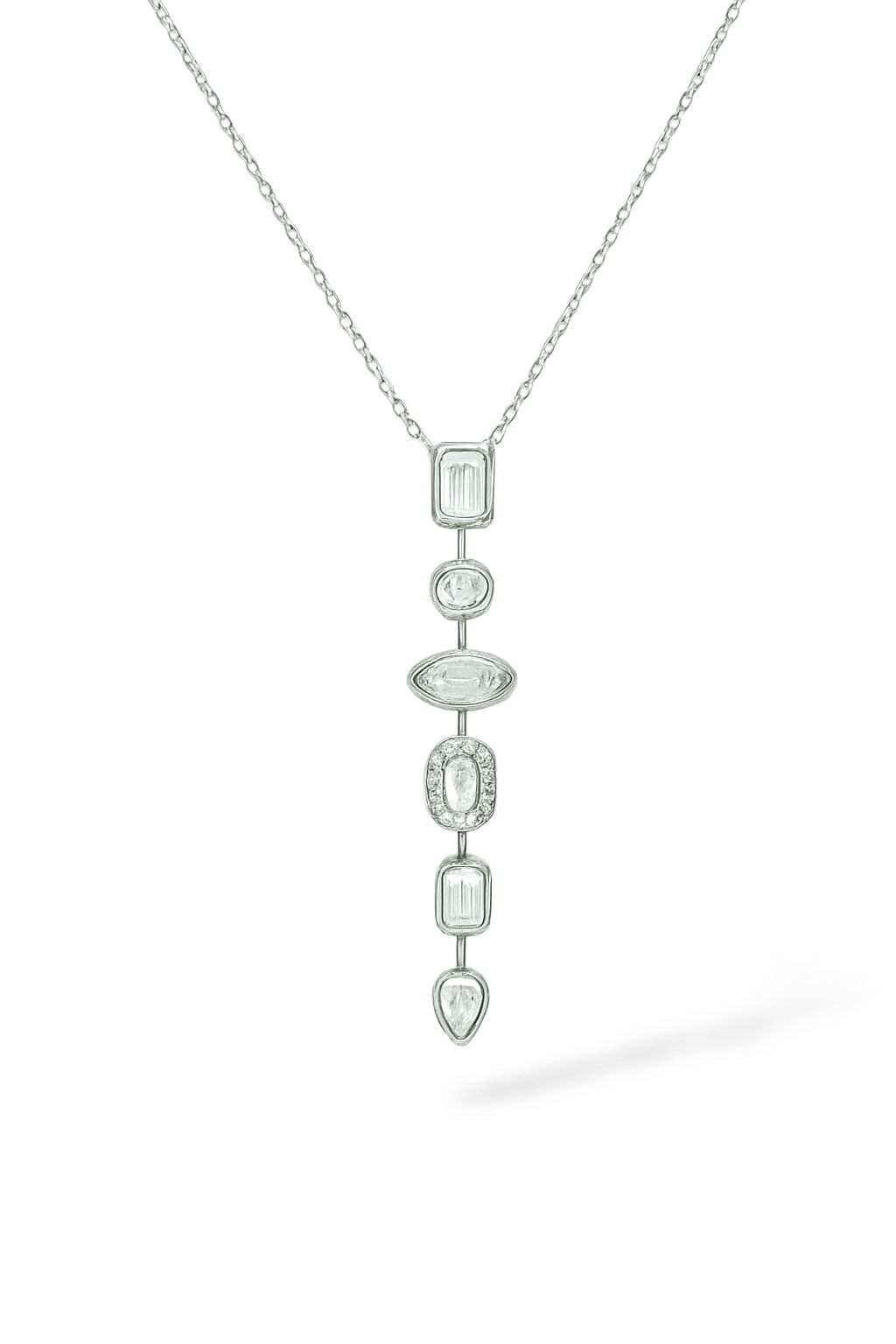 Elegant Vertical White Gemstone Pendant Necklace – Stainless Steel, Silver Finish