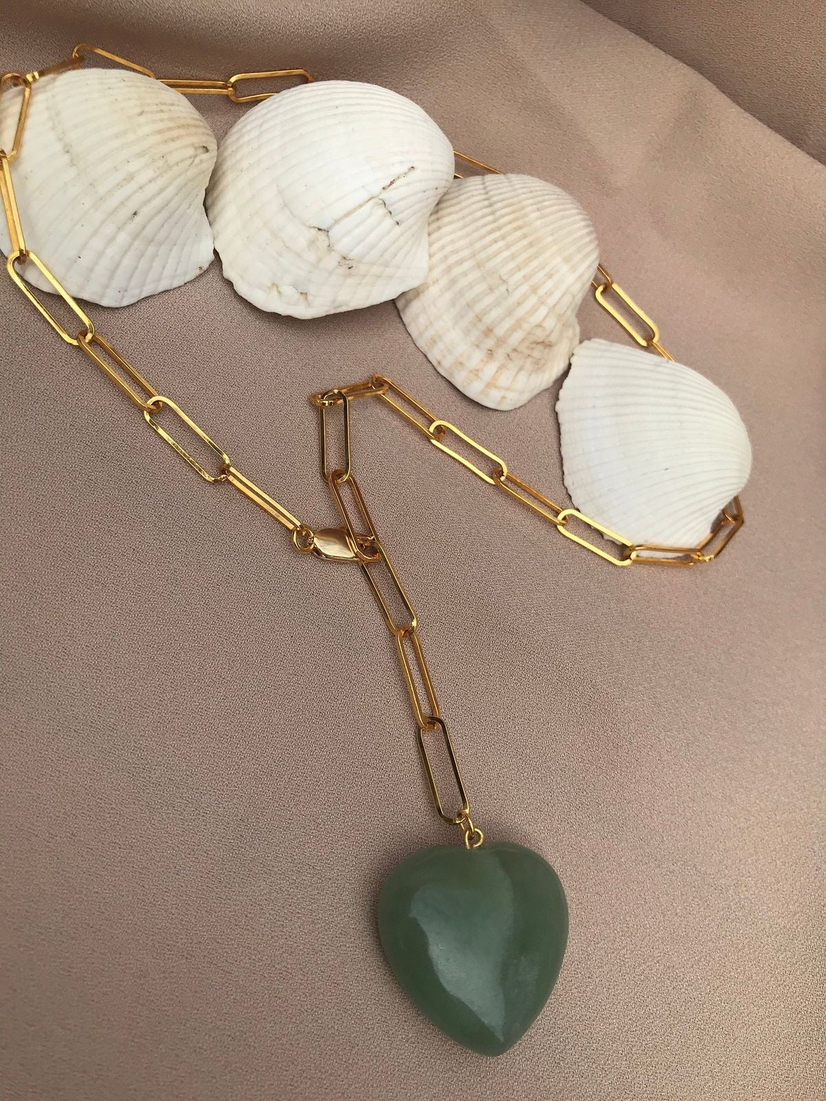Gold Paperclip Chain Necklace with Green Aventurine Heart Pendant