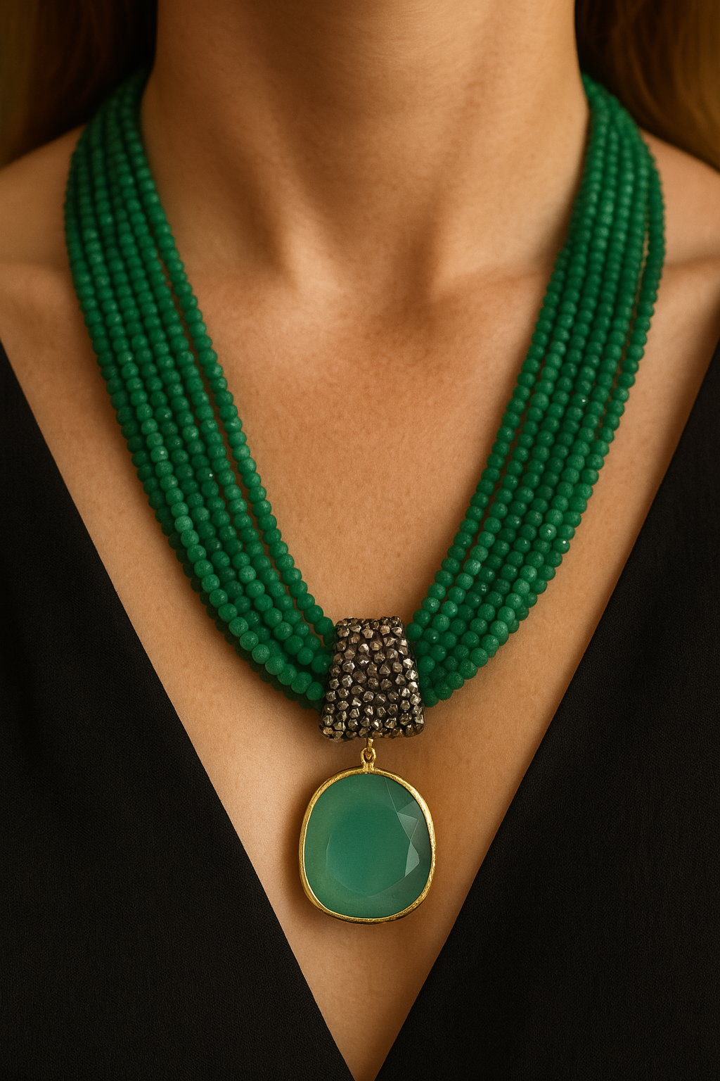 Handcrafted Multi-Strand Green Gemstone Necklace with Statement Pendant