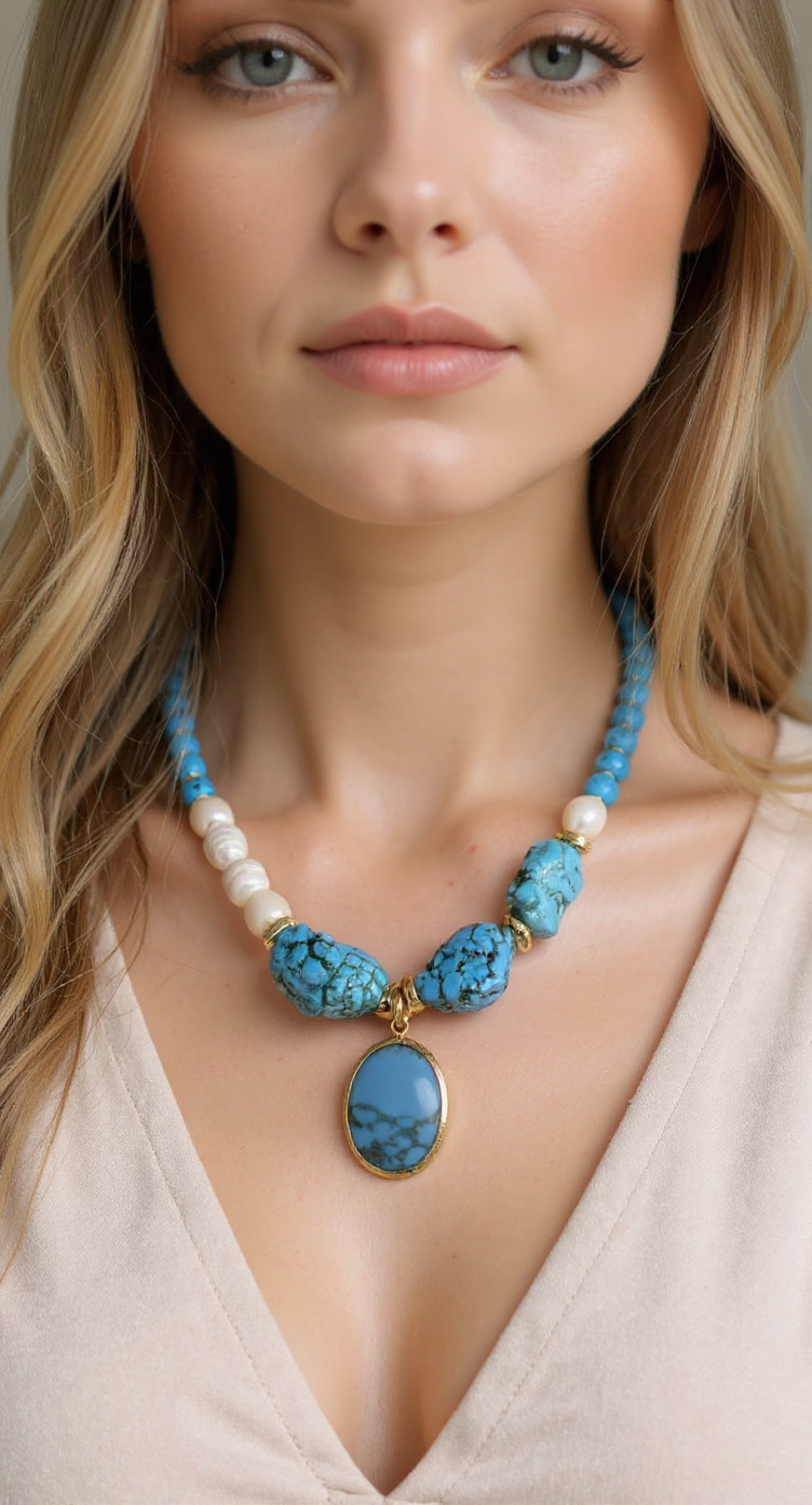Handcrafted Turquoise & Pearl Necklace with Natural Stone Pendant