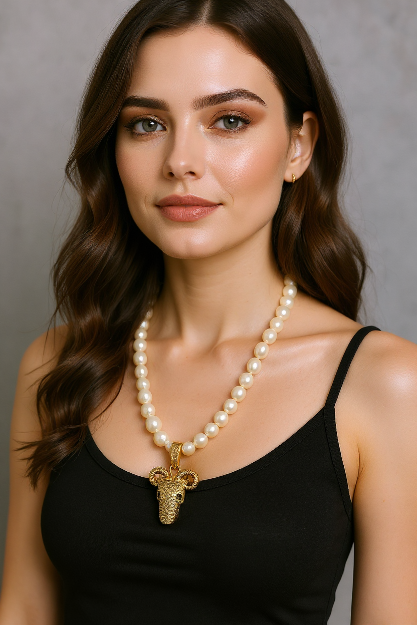 Handmade Baroque Pearl Necklace with Ram Head Pendant – Gold-Plated | Bold Artisan Statement Jewelry
