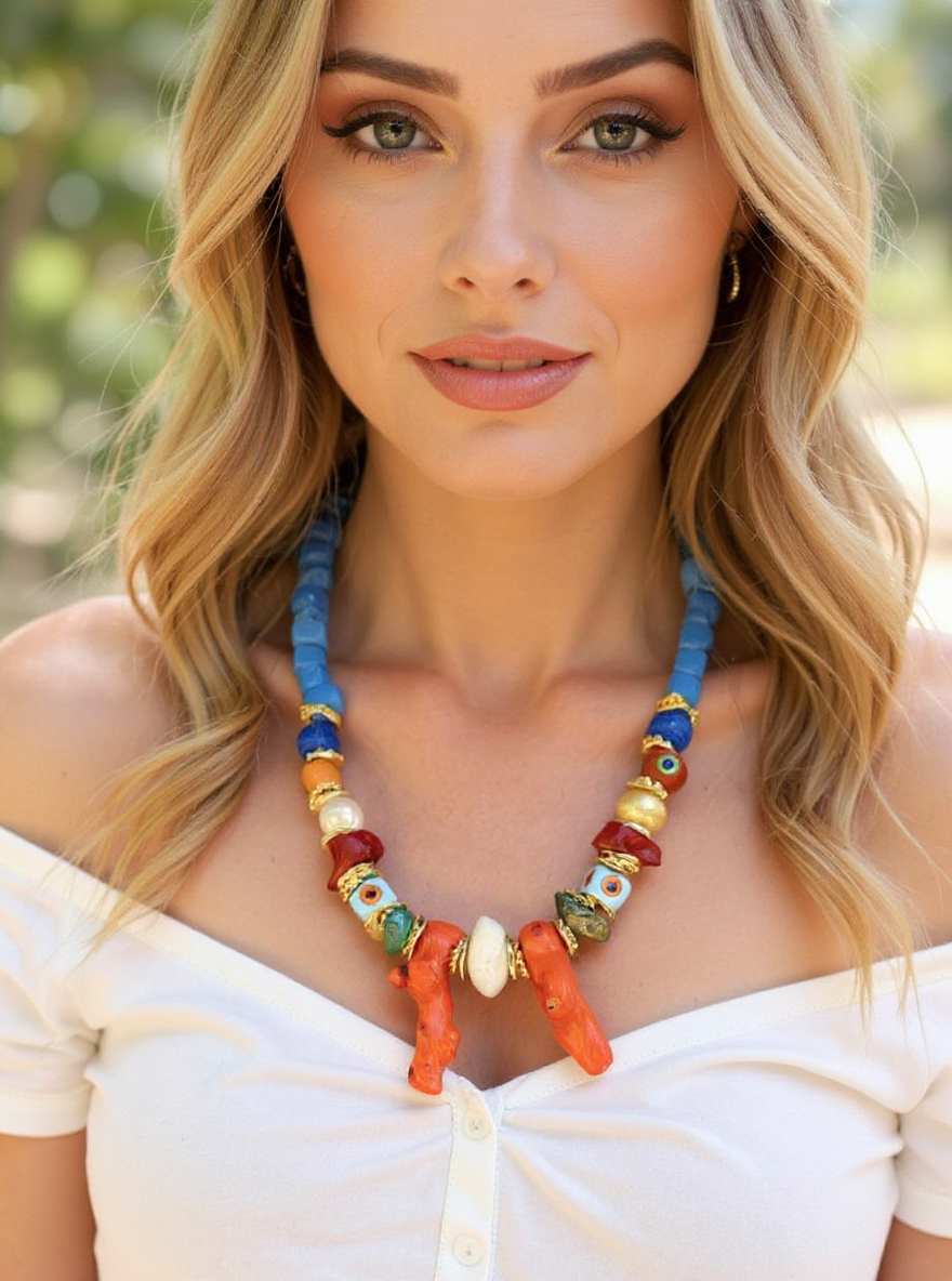 Handmade Coral & Evil Eye Beaded Necklace – Pemberry London