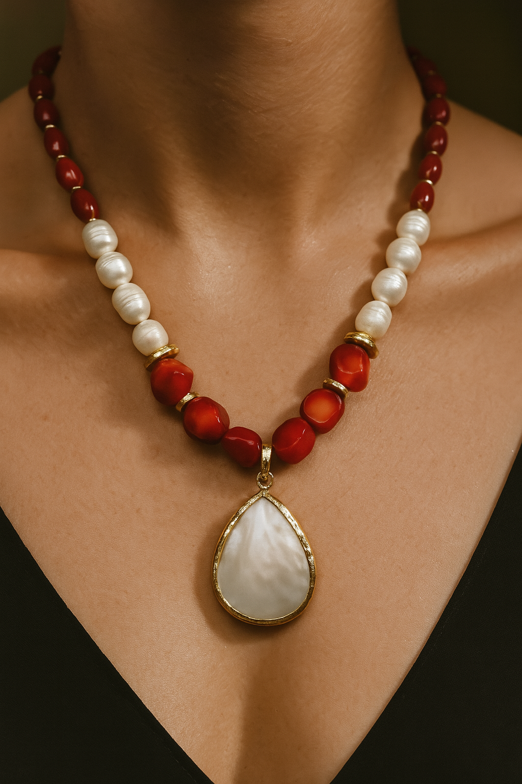 Red Coral & Pearl Statement Necklace with Teardrop Pendant