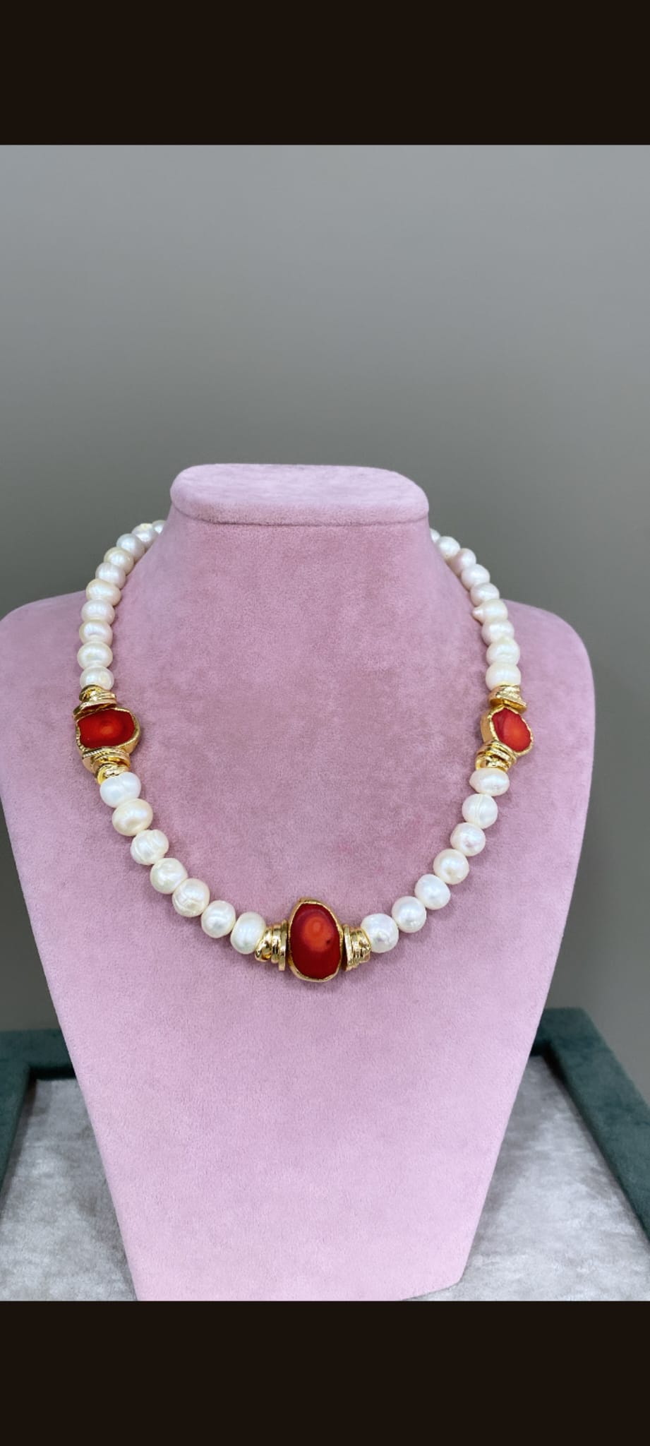 Handmade Coral and Pearl Necklace – 22K Gold-Plated | Elegant Statement Piece on the Neckline