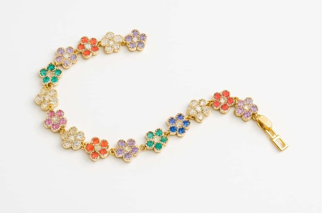 Rainbow Daisy Flower Bracelet – 18K Gold-Plated with Multicolor Cubic Zirconia