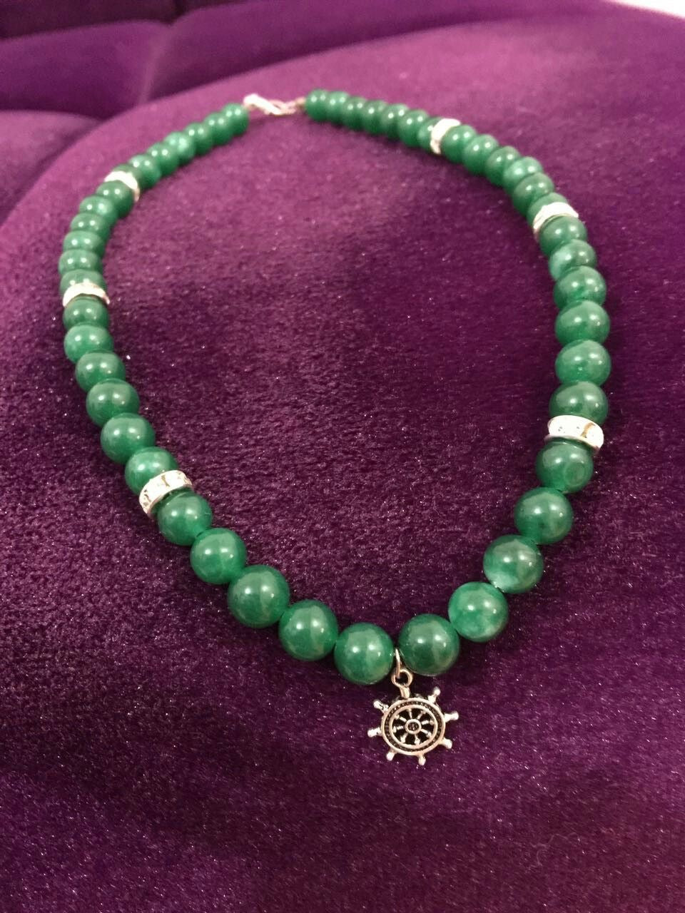 Green Aventurine Beaded Necklace with Nautical Wheel Charm