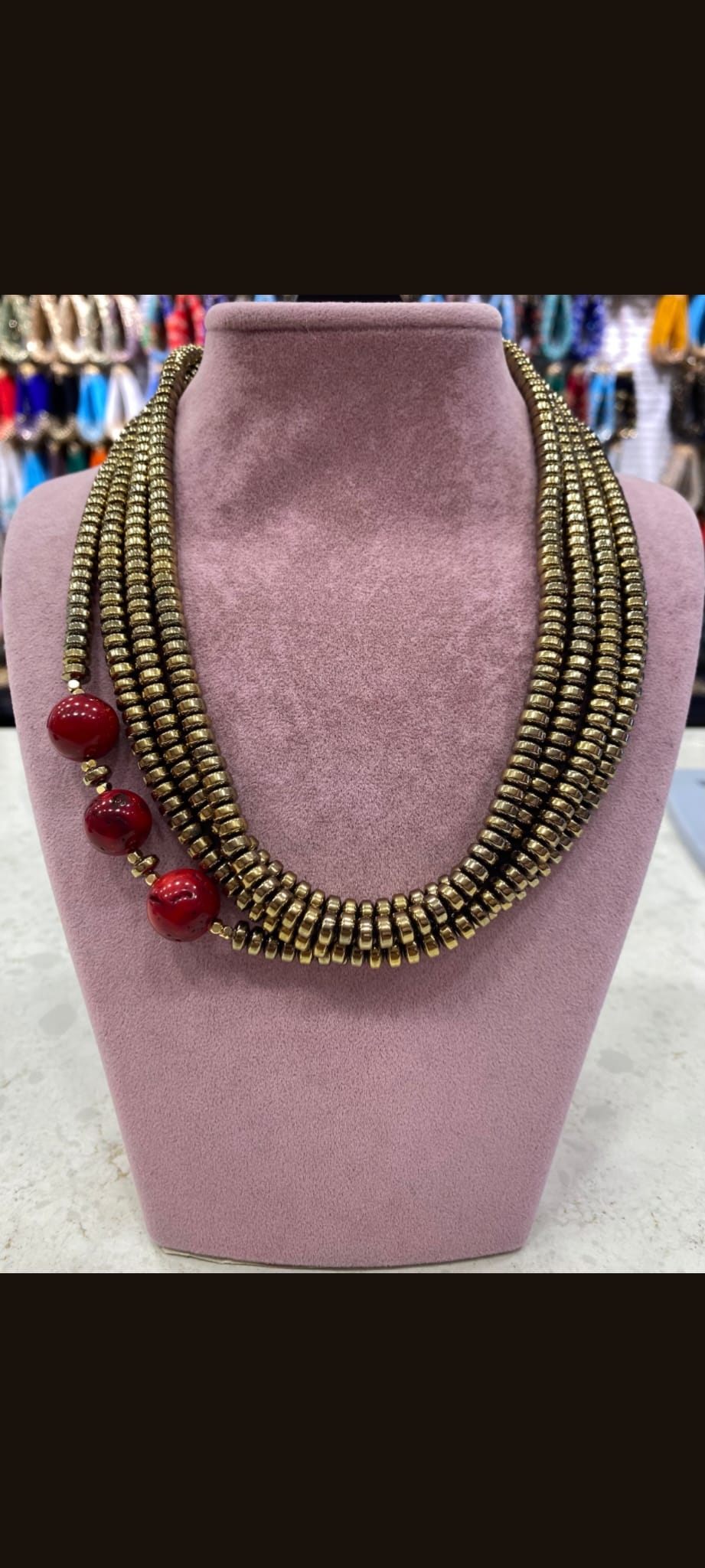 Multi-Strand Brass Bead Necklace with Red Natural Stone Accents – Handmade Boho Statement Jewelry