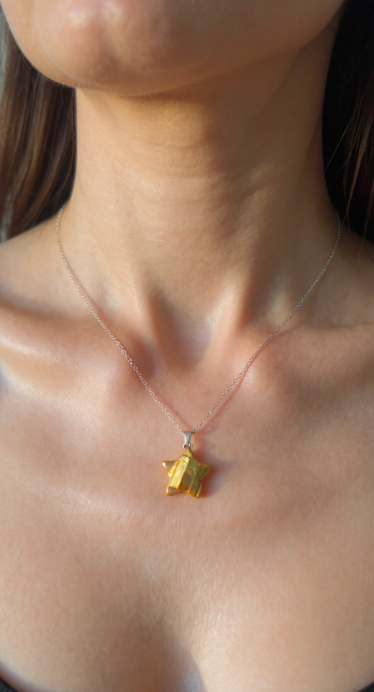 ⭐ Natural Tiger’s Eye Star Necklace – Stainless Steel Chain