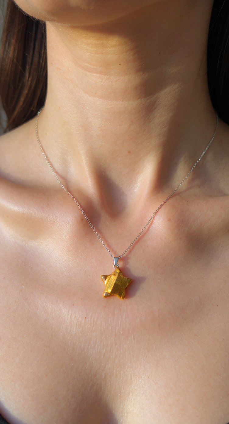 ⭐ Natural Tiger’s Eye Star Necklace – Stainless Steel Chain