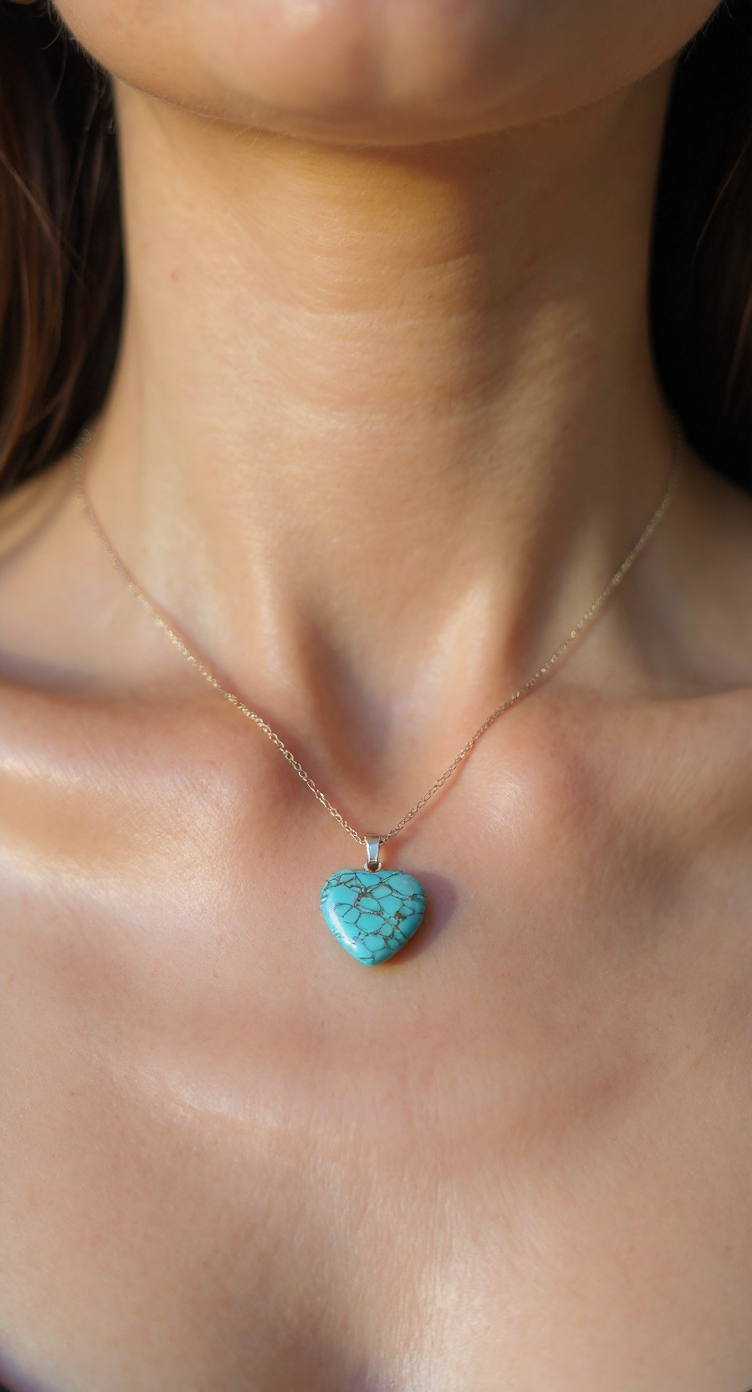 Natural Turquoise Heart Necklace – Stainless Steel Chain