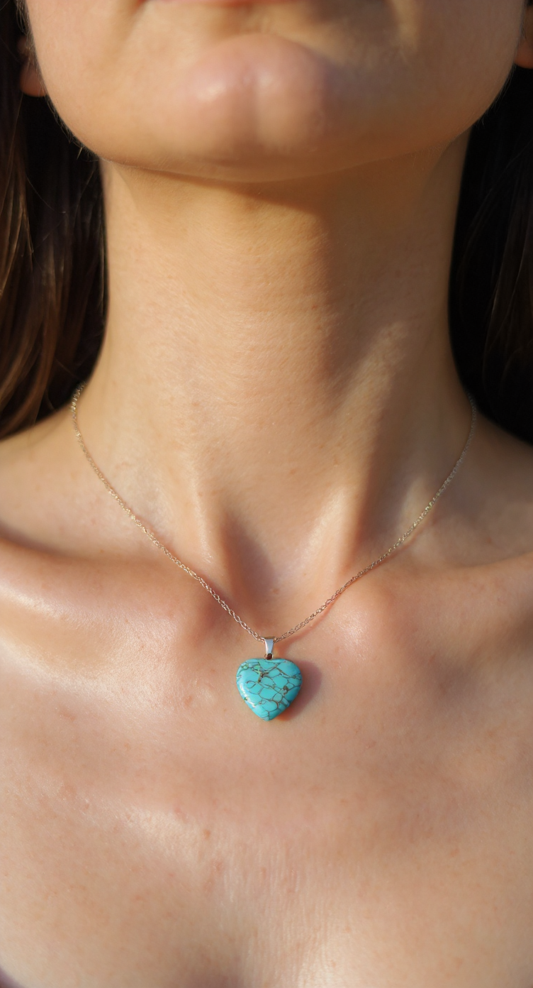 Natural Turquoise Heart Necklace – Stainless Steel Chain