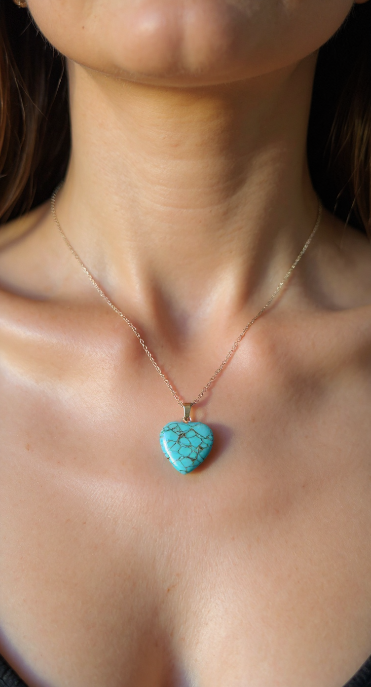 Natural Turquoise Heart Necklace – Stainless Steel Chain