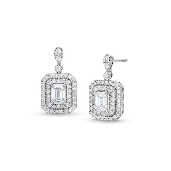 Radiant Emerald-Cut Halo Drop Earrings