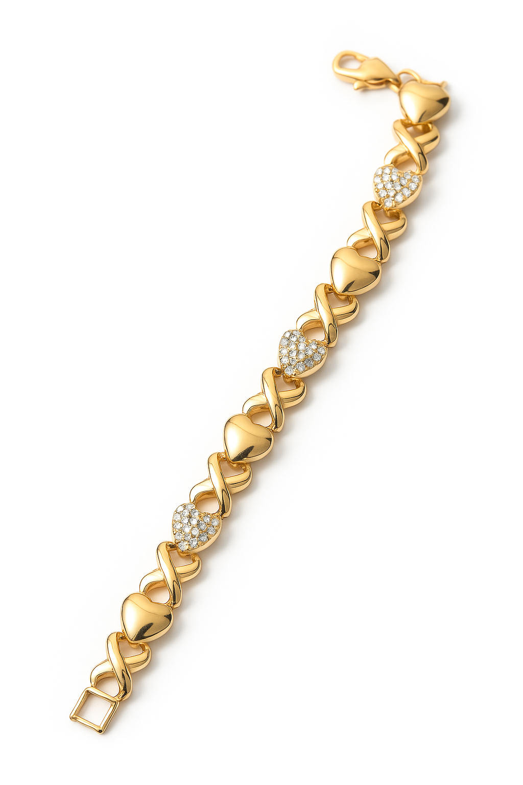 Gold Heart Link Bracelet – 18K Plated with Pavé Crystal Accents