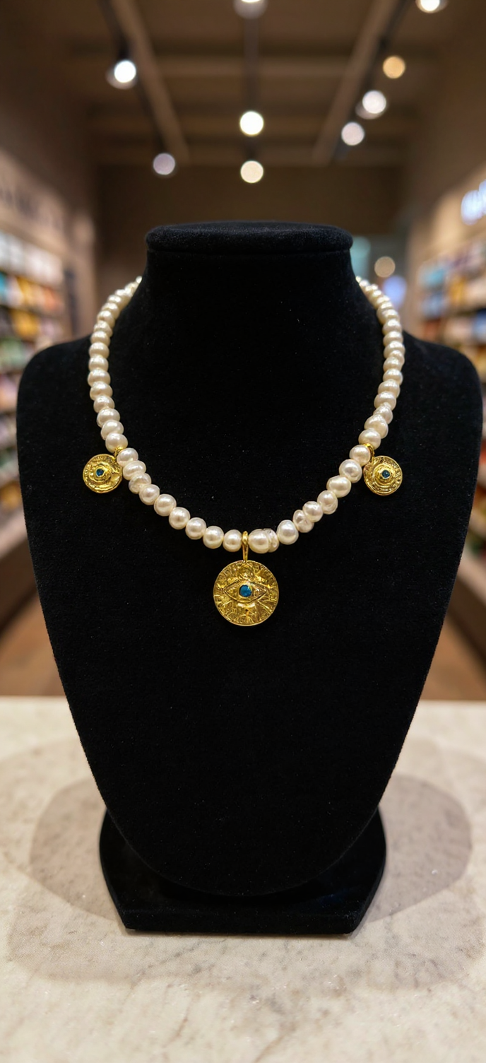 Handmade Pearl Necklace with Zircon Eye Pendants – Gold-Plated | Elegant Artisan Jewelry