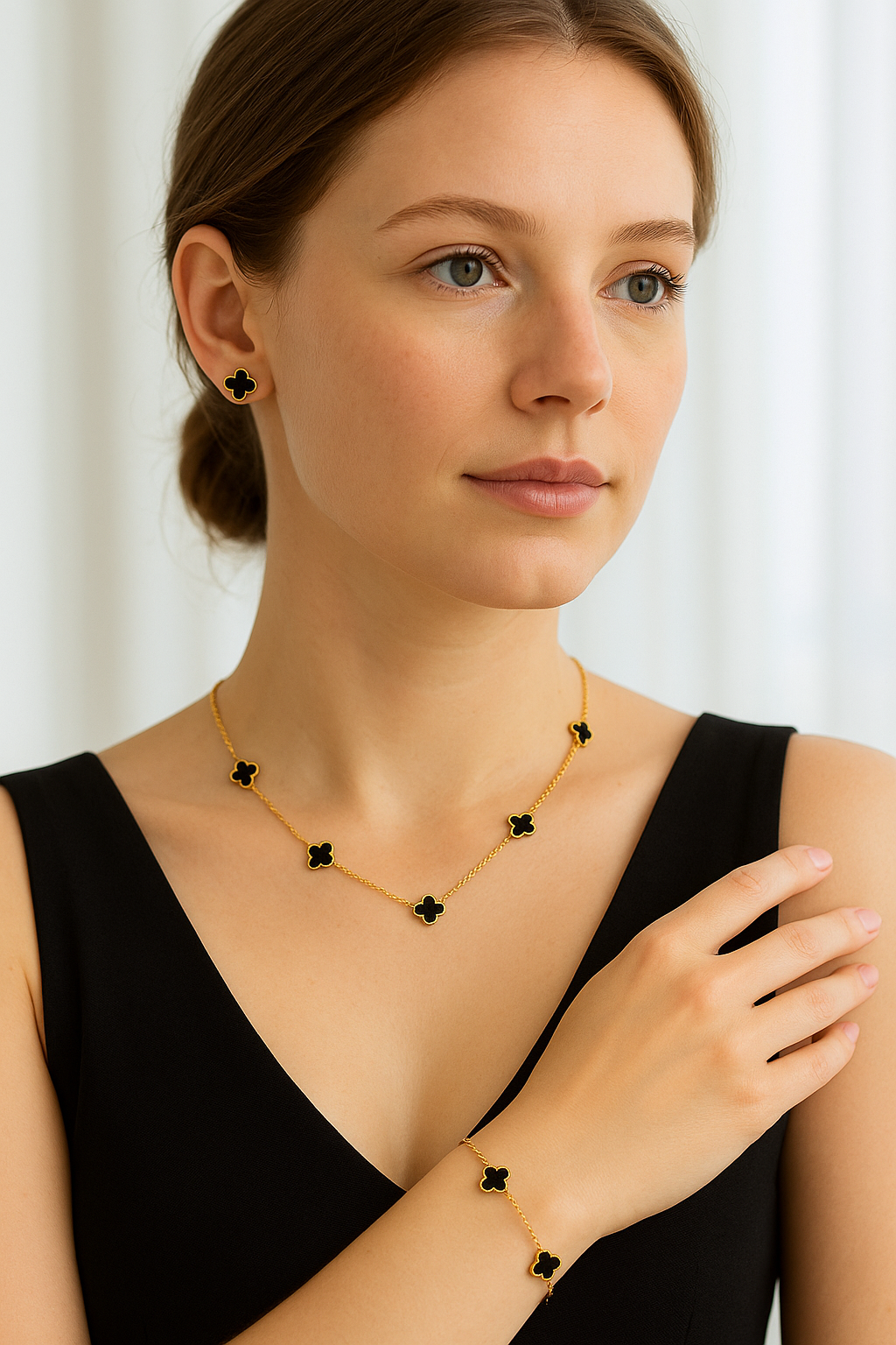 18K Gold Plated Black Clover Jewelry Set – Necklace, Bracelet &Earrings