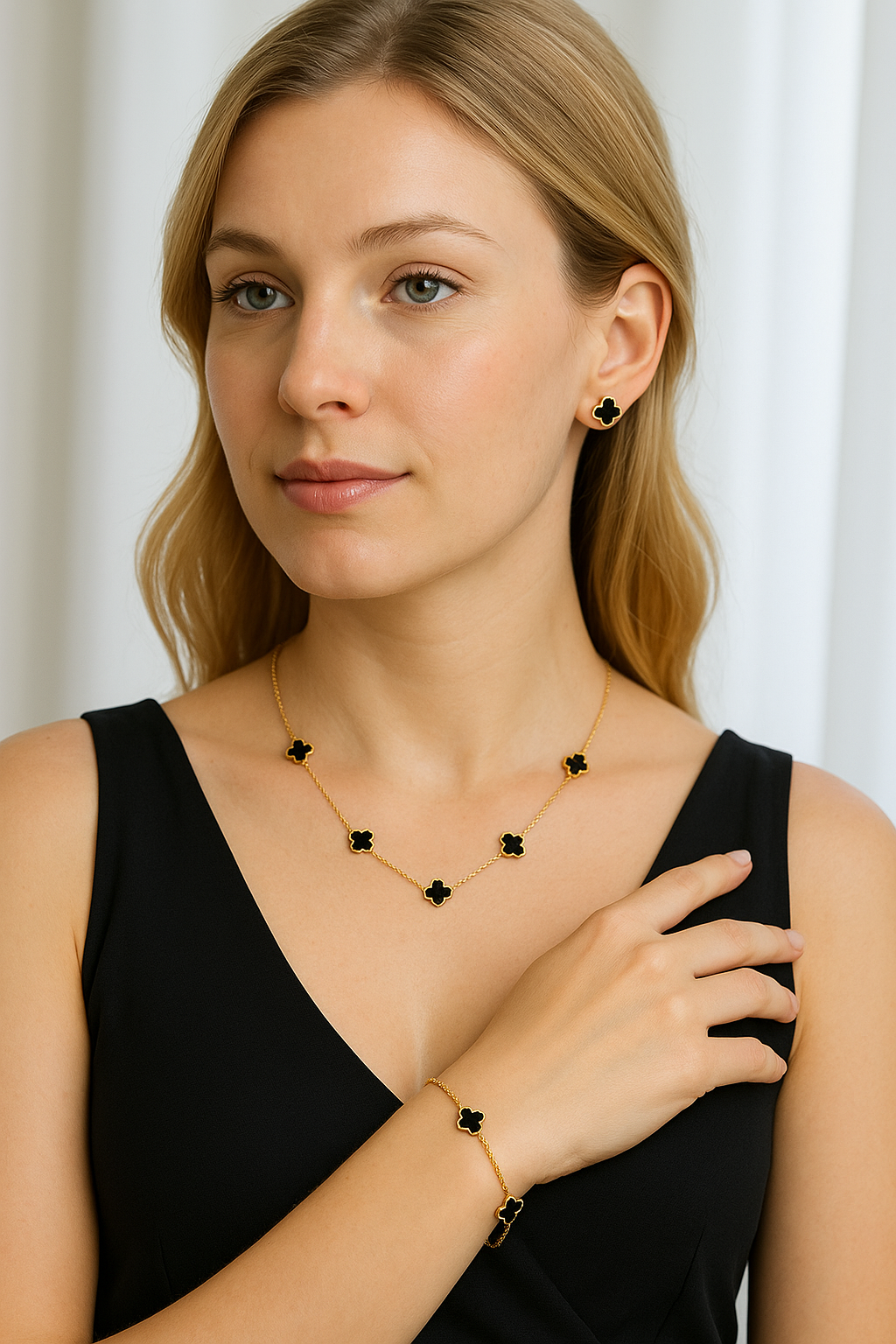 18K Gold Plated Black Clover Jewelry Set – Necklace, Bracelet &Earrings