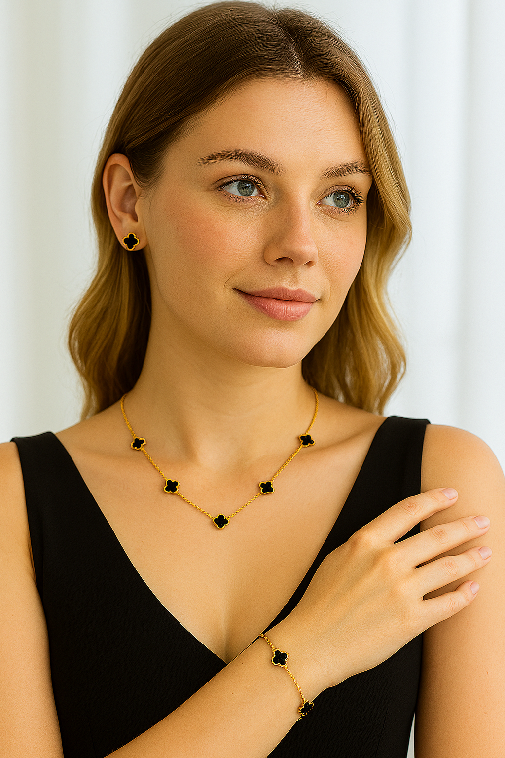 18K Gold Plated Black Clover Jewelry Set – Necklace, Bracelet &Earrings