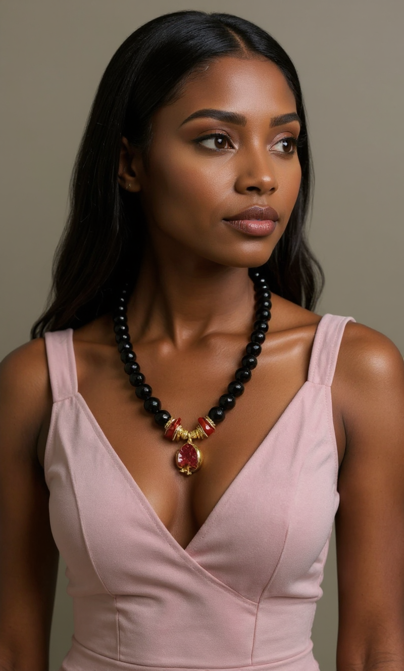 Handcrafted Black Onyx & Coral Necklace with Gold Pomegranate Pendant