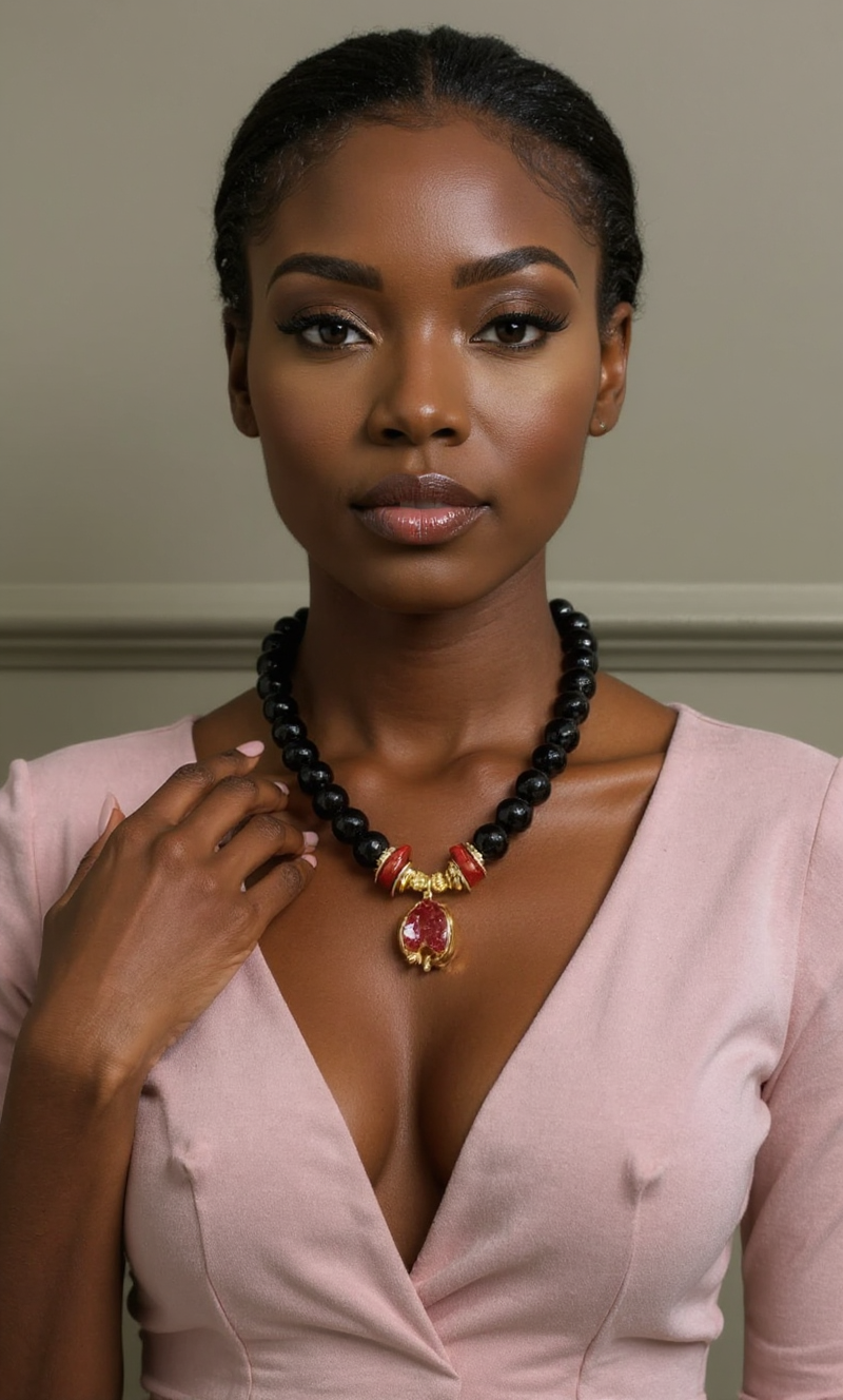 Handcrafted Black Onyx & Coral Necklace with Gold Pomegranate Pendant