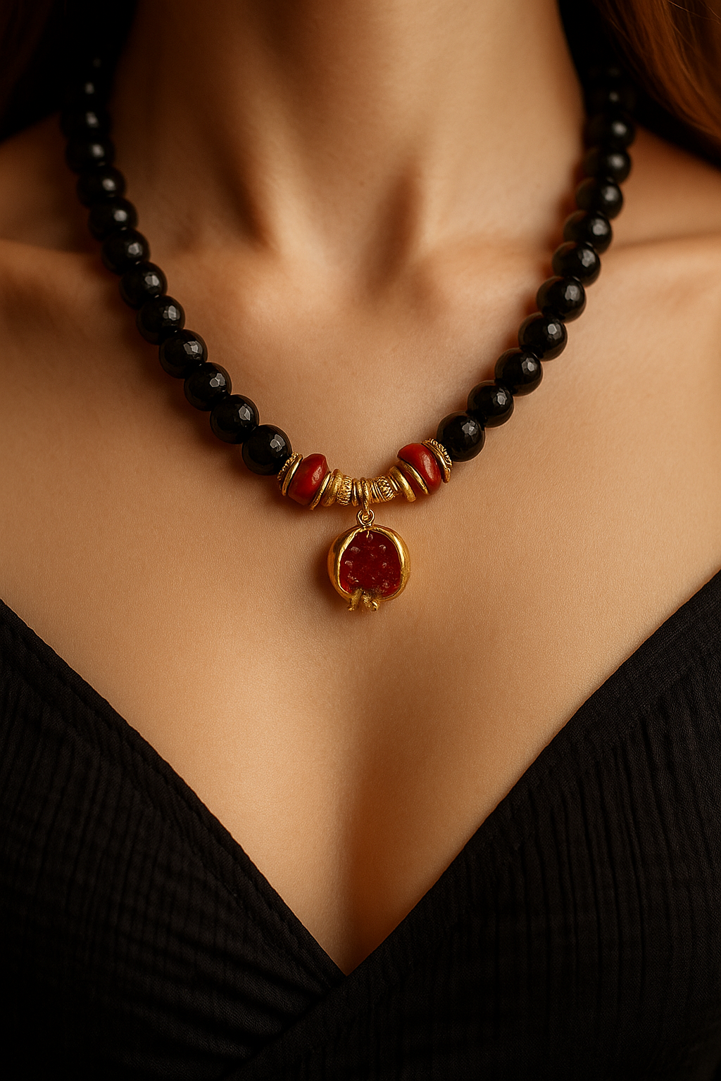 Handcrafted Black Onyx & Coral Necklace with Gold Pomegranate Pendant