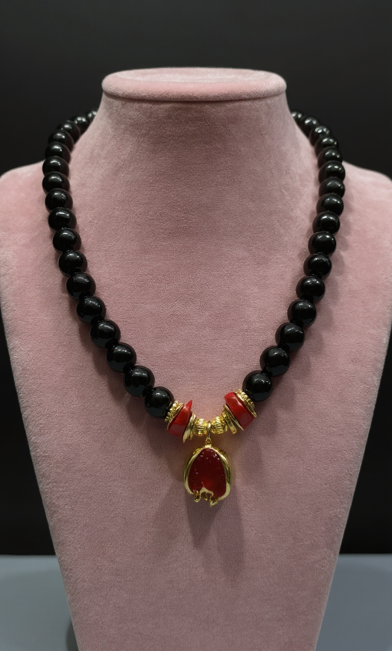 Handcrafted Black Onyx & Coral Necklace with Gold Pomegranate Pendant