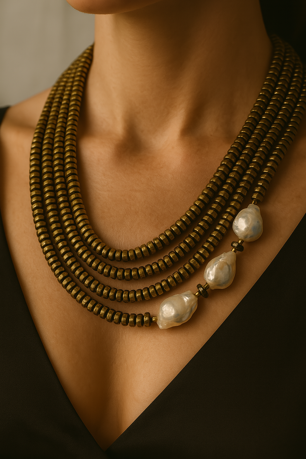 Handmade Multi-Strand Brass Bead Necklace with Natural Baroque Pearl Accents – Boho Statement Jewelry