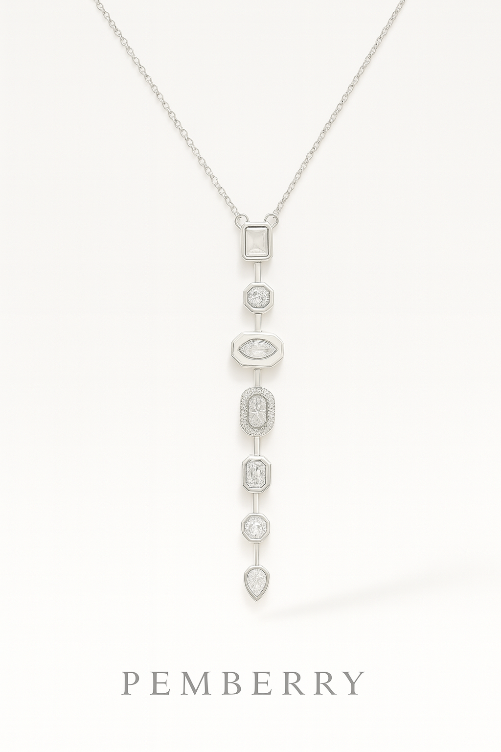 Elegant Vertical White Gemstone Pendant Necklace – Stainless Steel, Silver Finish
