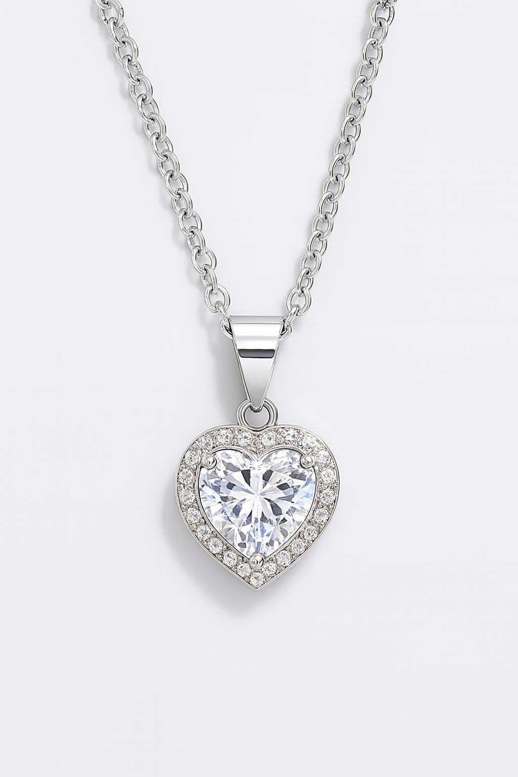 Elegant Heart-Shaped Zirconia Pendant Necklace – Stainless Steel, Silver Tone