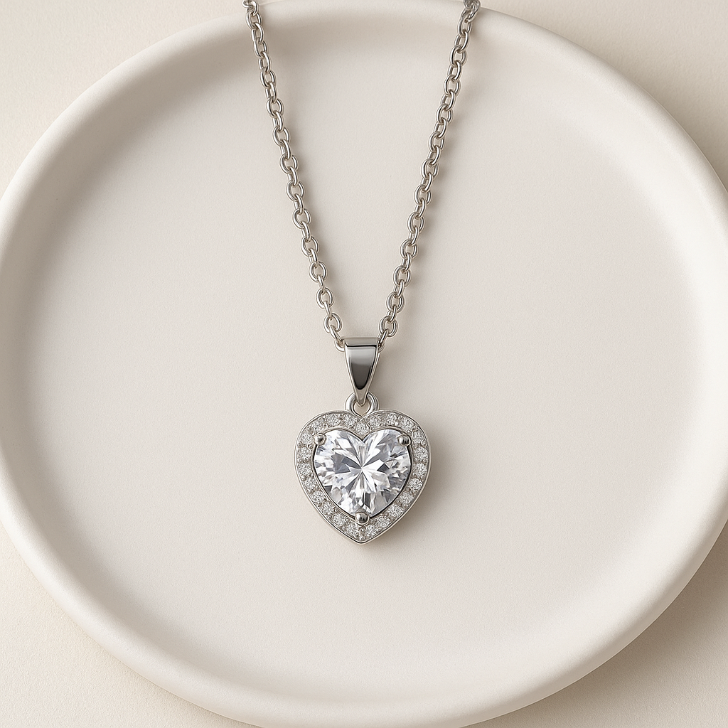 Elegant Heart-Shaped Zirconia Pendant Necklace – Stainless Steel, Silver Tone