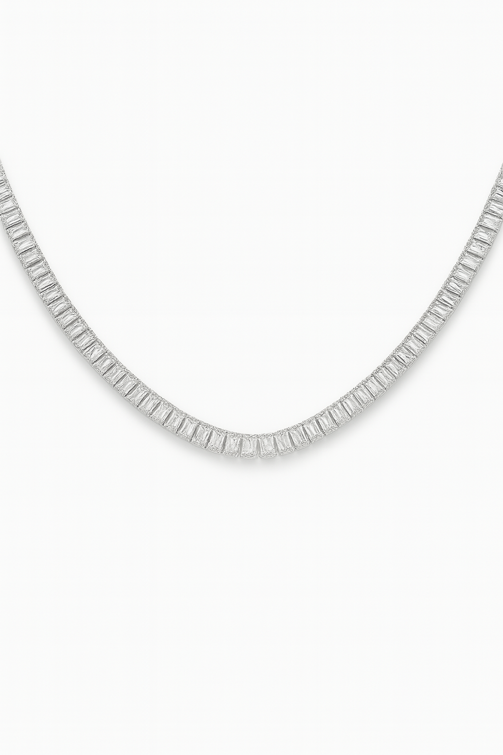 Elegant Baguette-Cut Crystal Tennis Necklace – Silver Tone