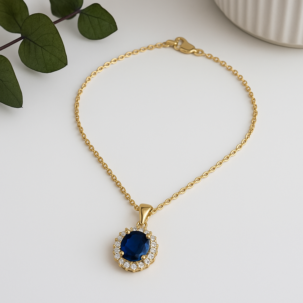 Aurora Sapphire Pendant Necklace – Gold-Plated with Diamond Halo