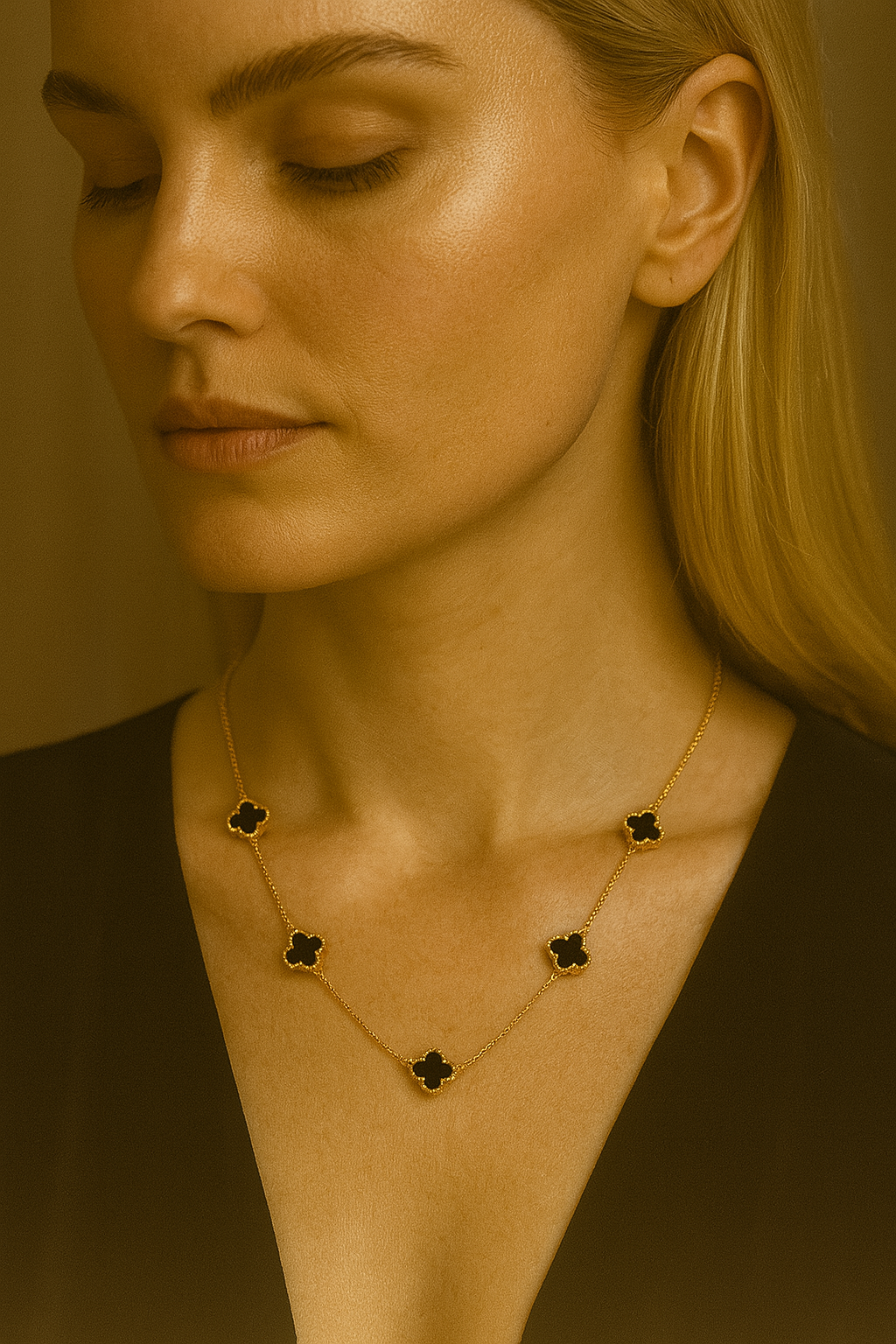 Gold Clover Station Necklace with Black Enamel Charms – Elegant Everyday Luxury