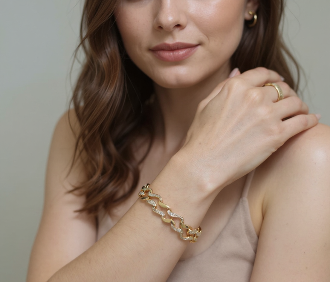 Gold Cuban Link Bracelet – 18K Plated with Pavé Detailing