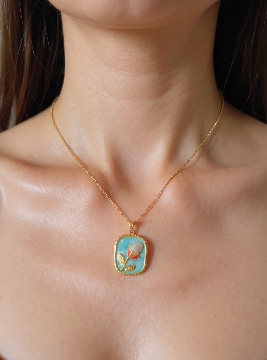 🌸 Gold Plated Stainless Steel Turquoise Flower Necklace