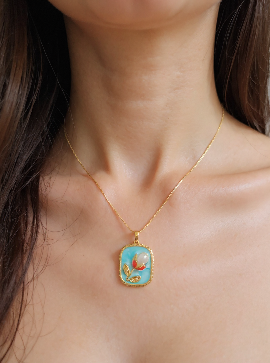 🌸 Gold Plated Stainless Steel Turquoise Flower Necklace