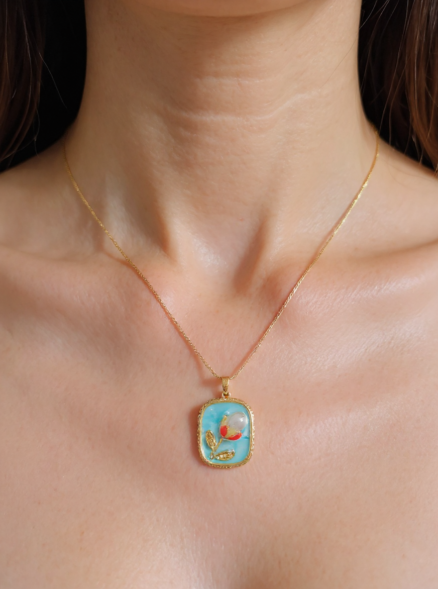 🌸 Gold Plated Stainless Steel Turquoise Flower Necklace