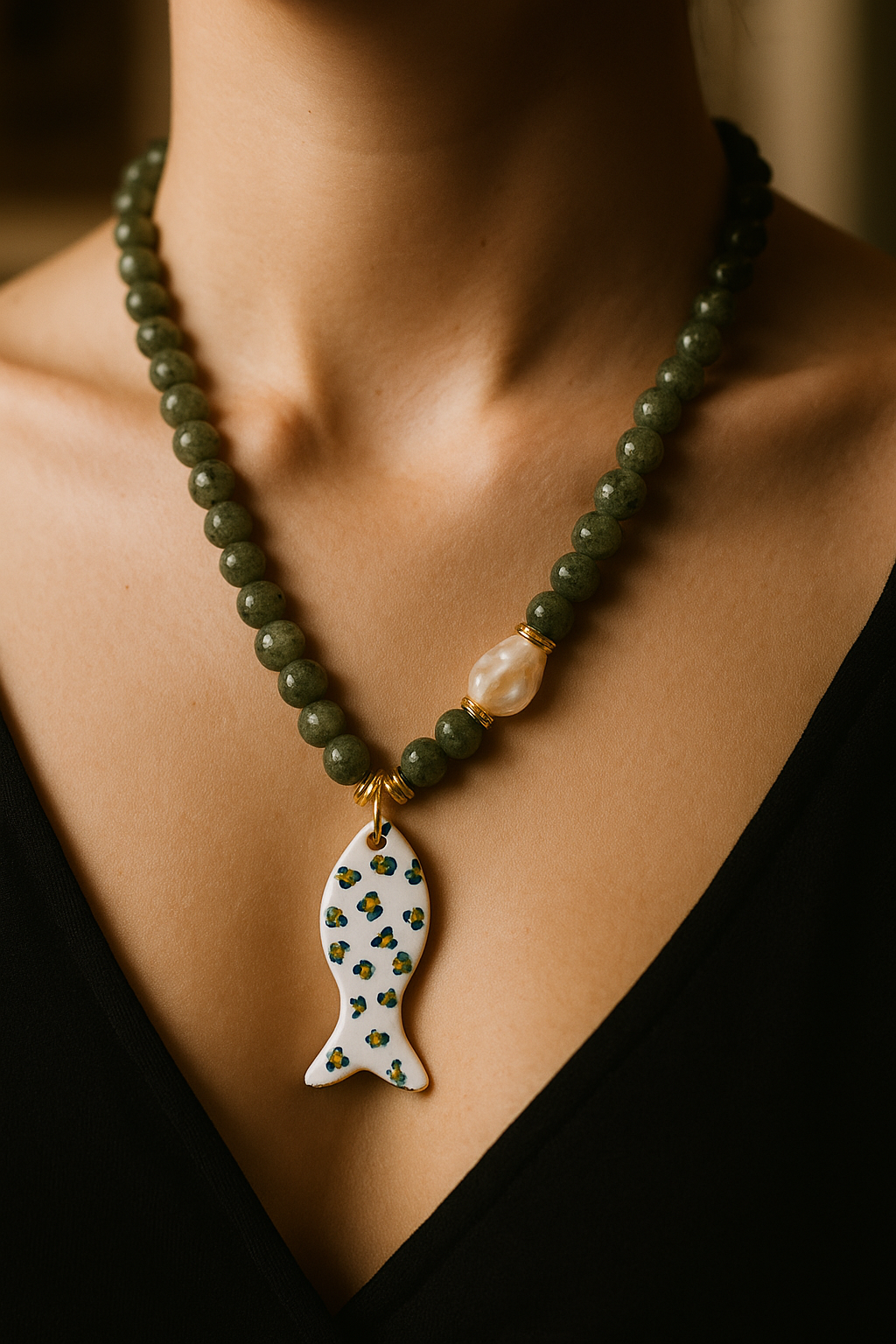Handcrafted Natural Stone Necklace with Hand-Painted Ceramic Fish Pendant