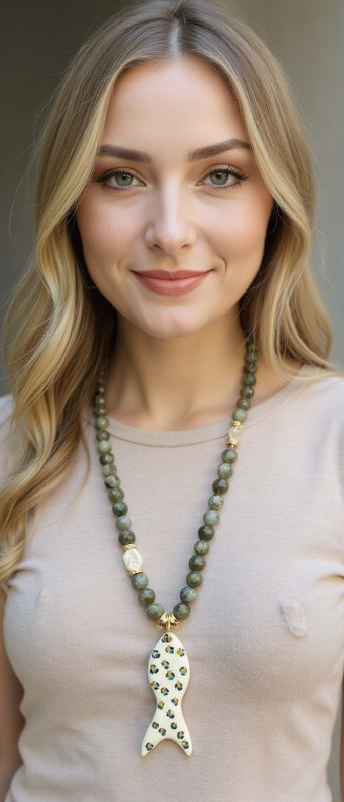 Handcrafted Natural Stone Necklace with Hand-Painted Ceramic Fish Pendant