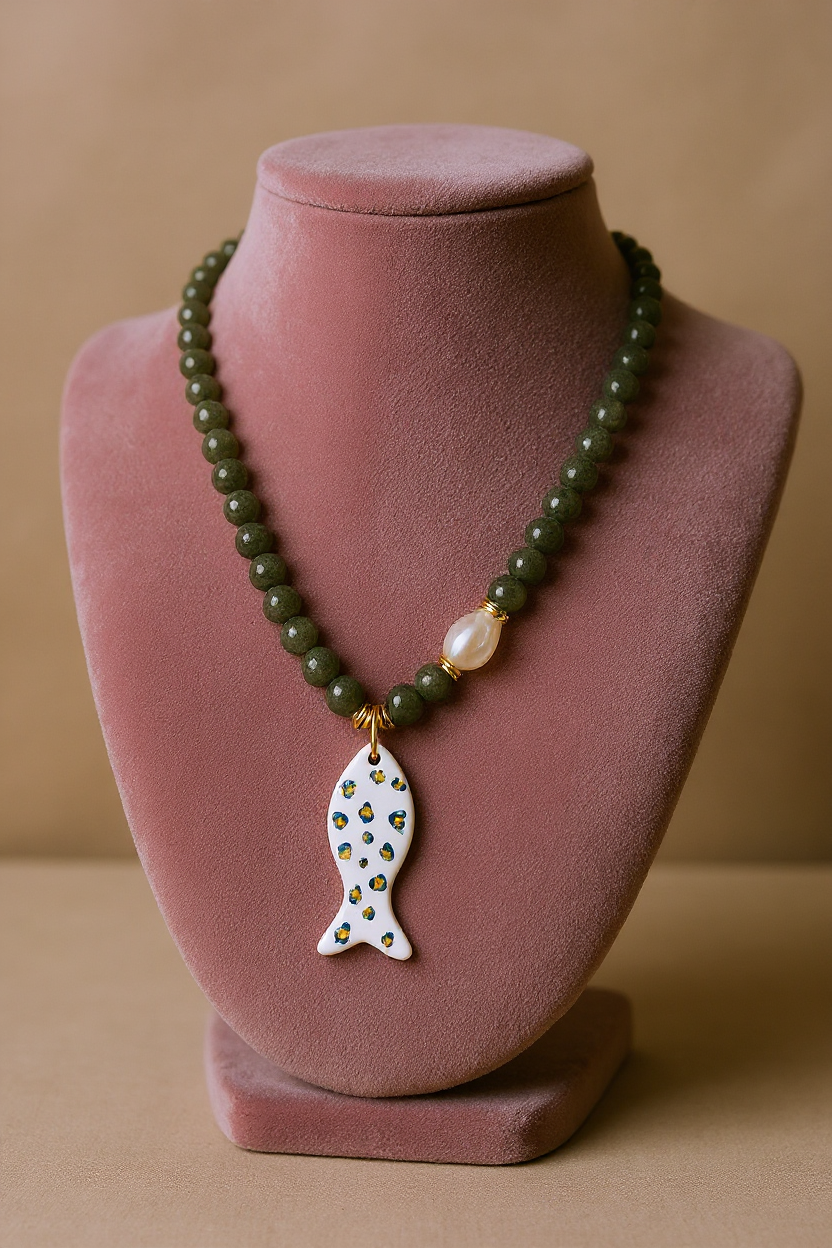 Handcrafted Natural Stone Necklace with Hand-Painted Ceramic Fish Pendant
