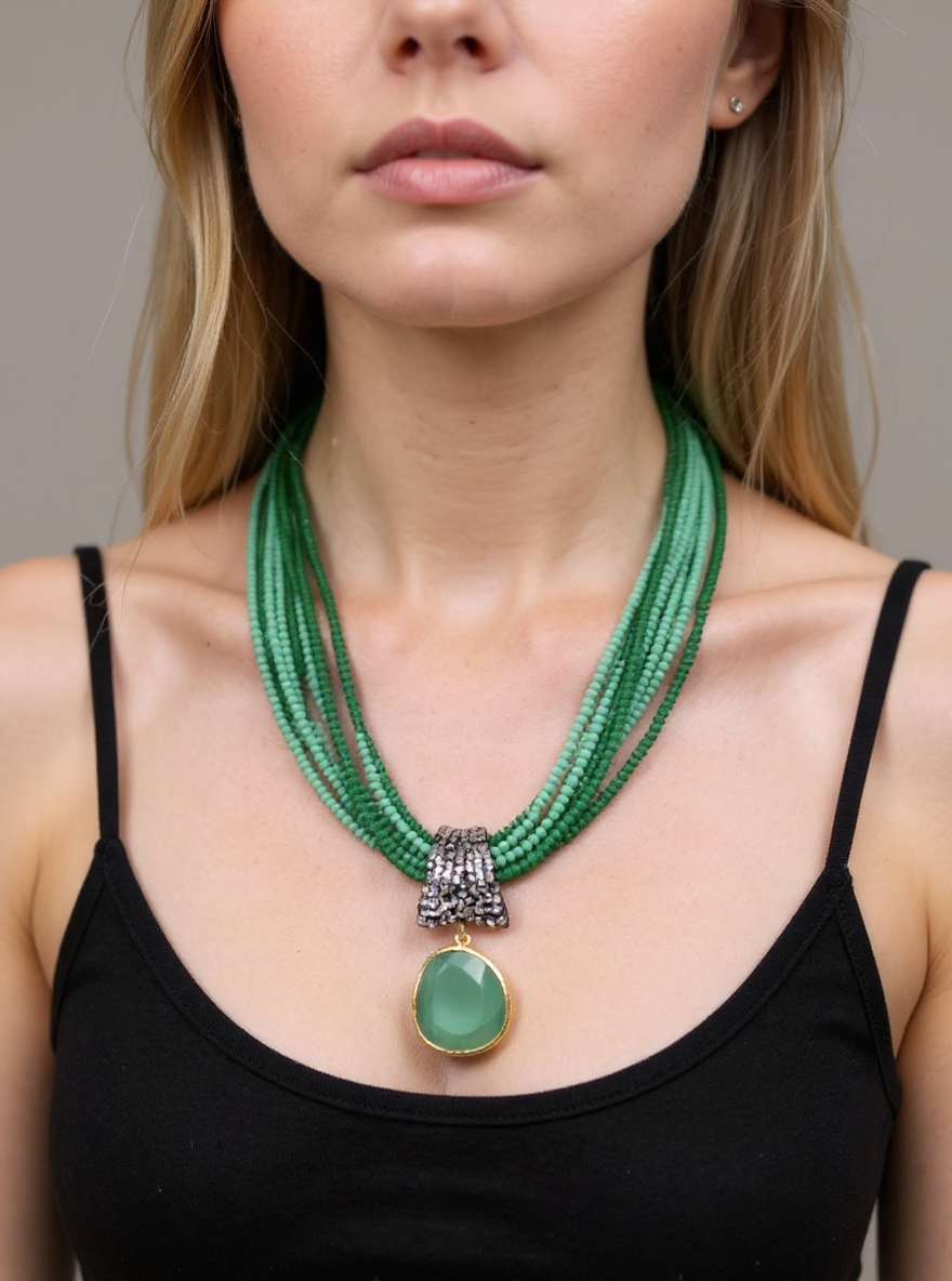 Handcrafted Multi-Strand Green Gemstone Necklace with Statement Pendant