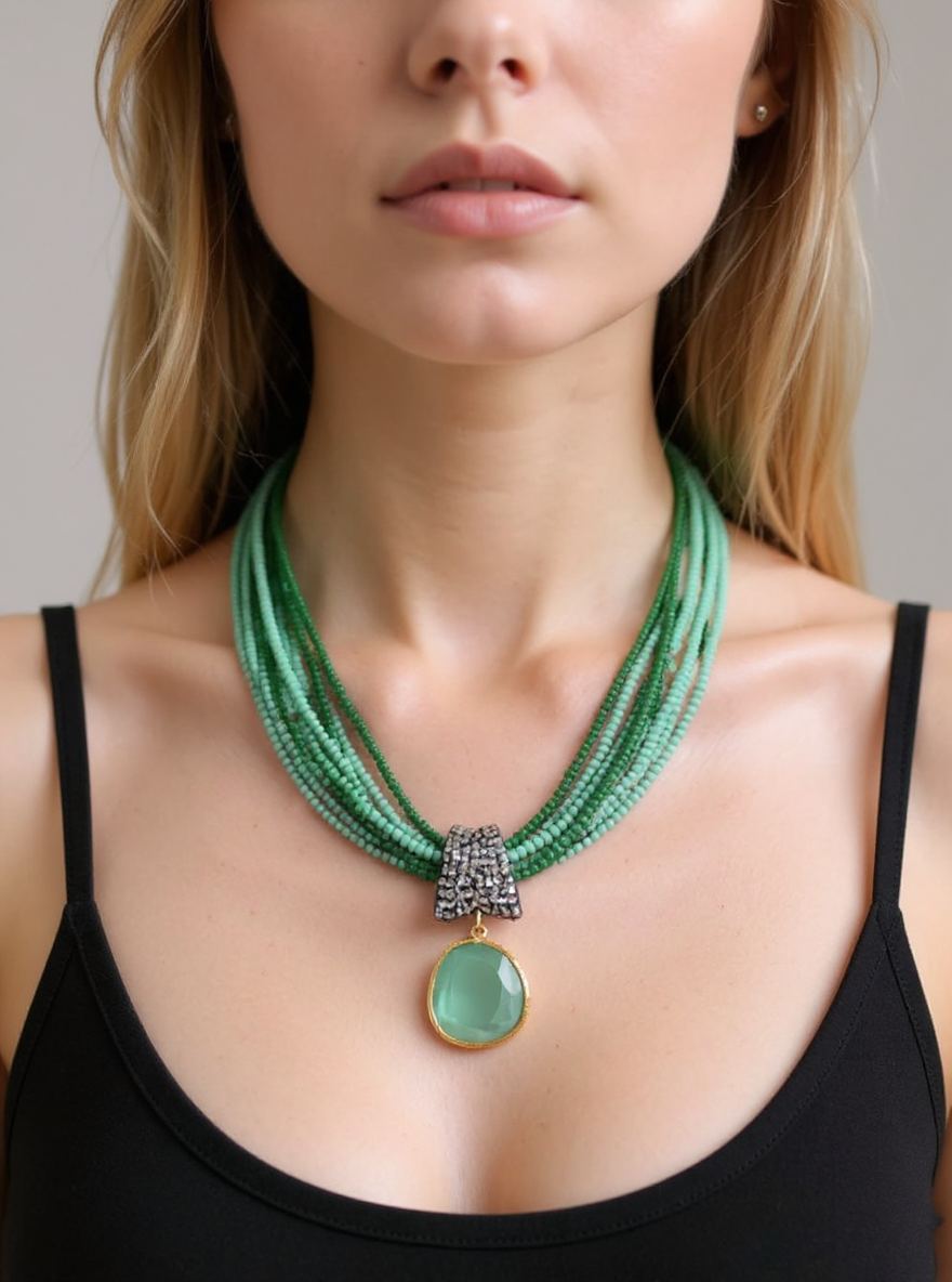 Handcrafted Multi-Strand Green Gemstone Necklace with Statement Pendant