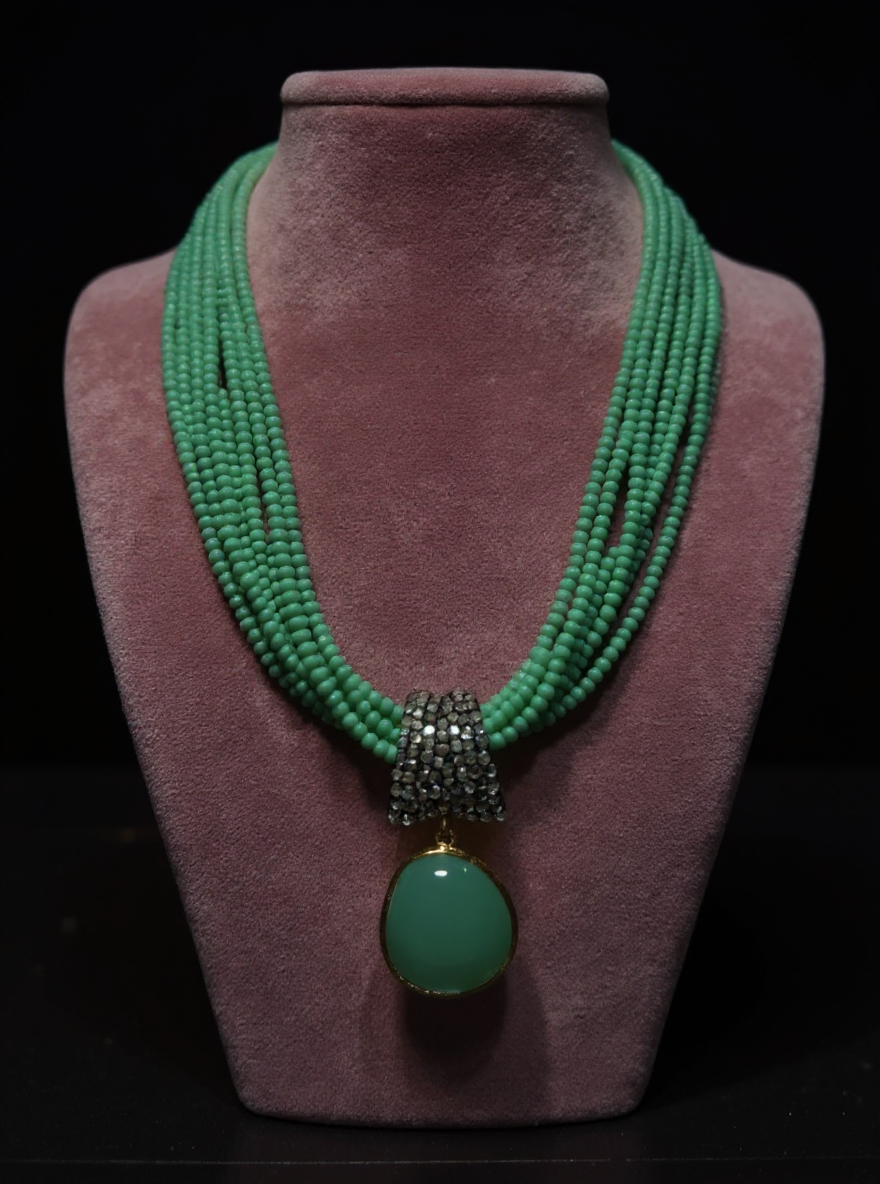 Handcrafted Multi-Strand Green Gemstone Necklace with Statement Pendant