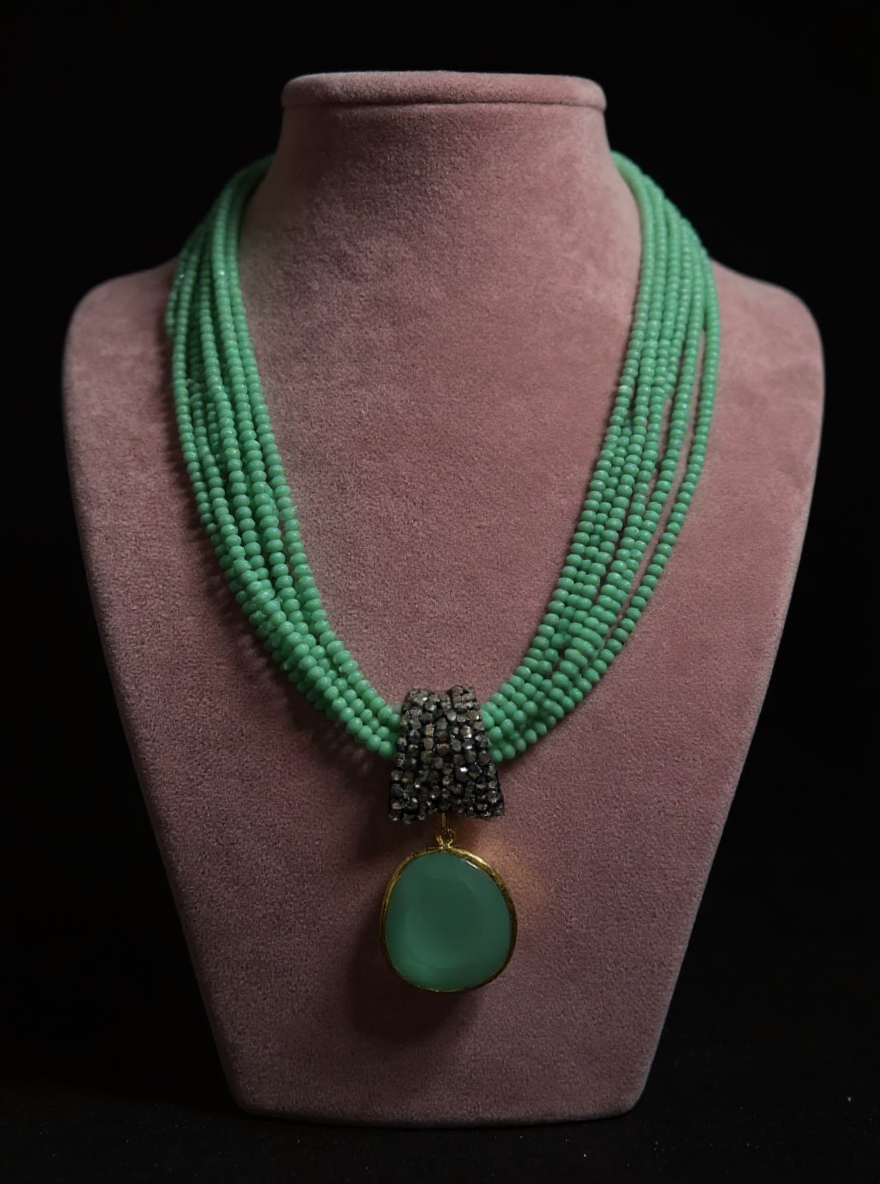 Handcrafted Multi-Strand Green Gemstone Necklace with Statement Pendant