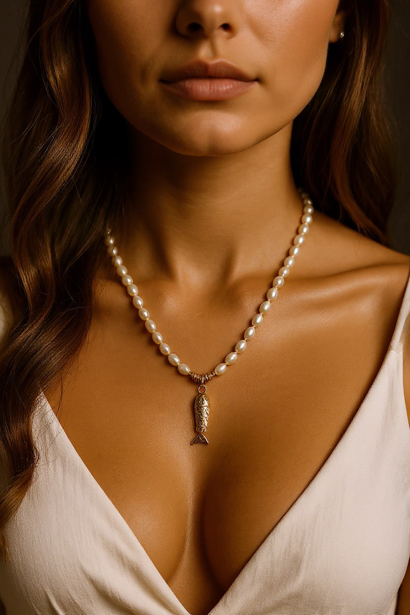 Handcrafted Pearl Necklace with Fish Charm