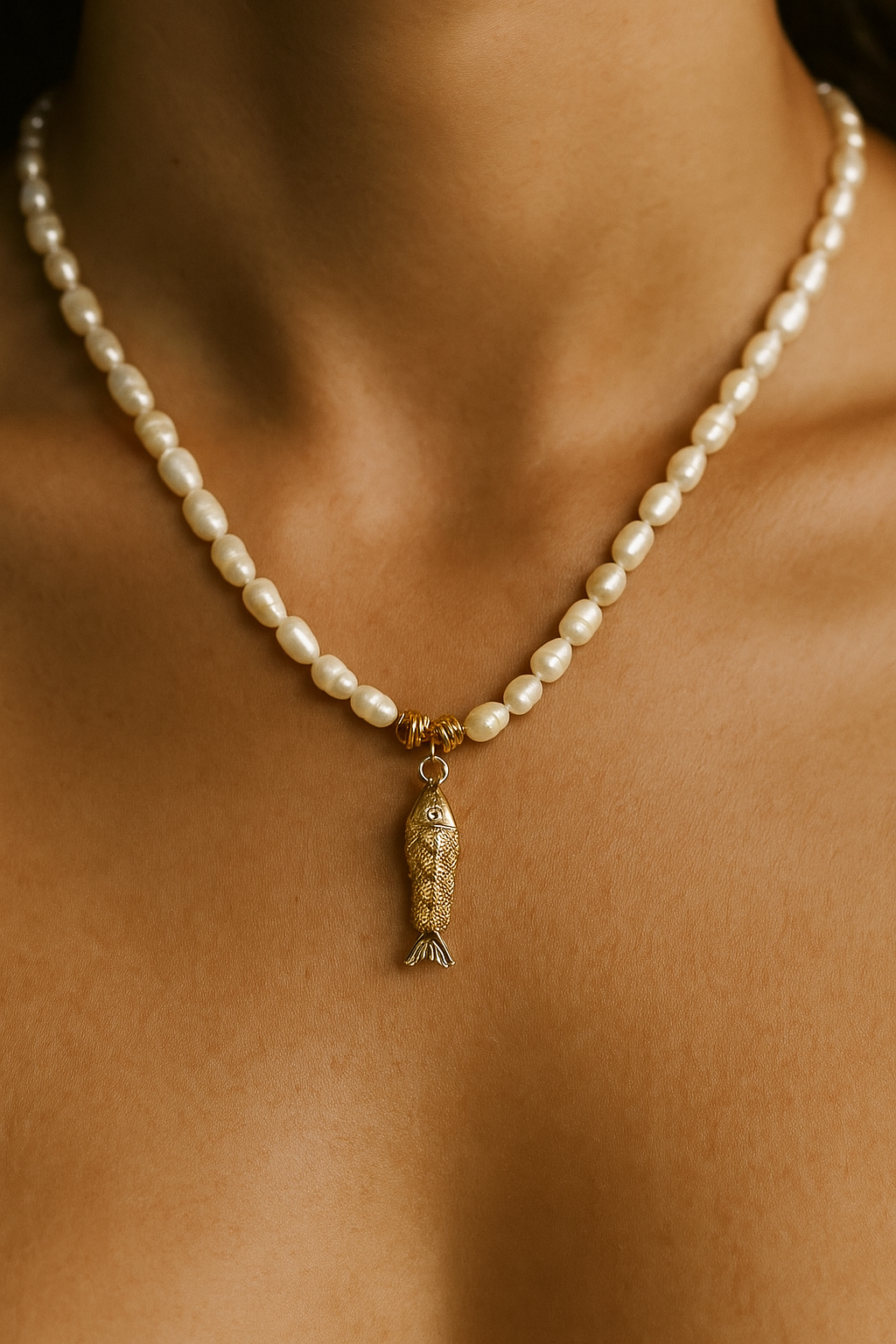 Handcrafted Pearl Necklace with Fish Charm
